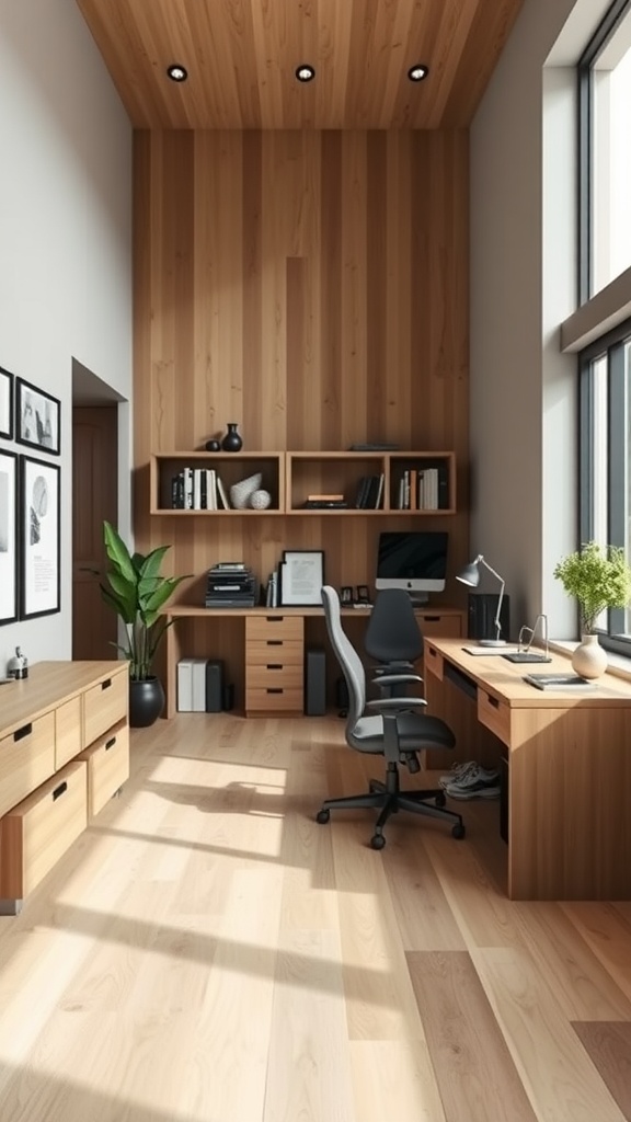 A modern home office with wooden accents, a desk, and a cozy atmosphere.
