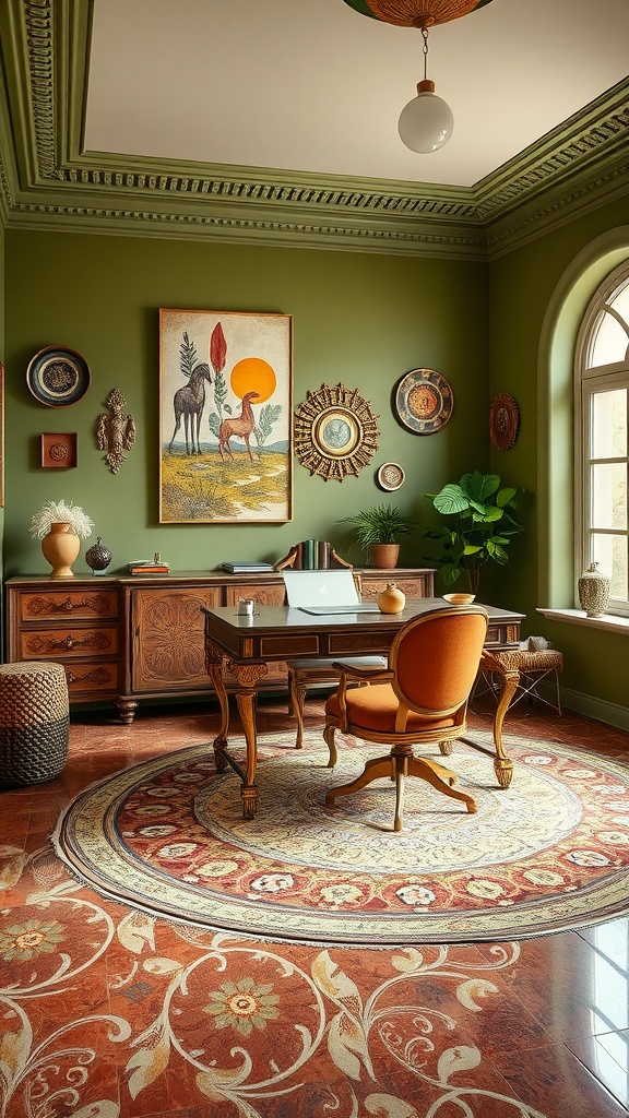A stylish home office featuring olive green walls, a wooden desk, terracotta accents, and boho decor.