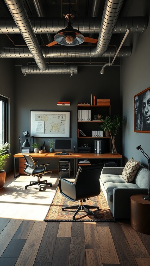 A modern office space featuring a sleek desk, comfortable chair, and cozy couch, decorated with plants and artwork.