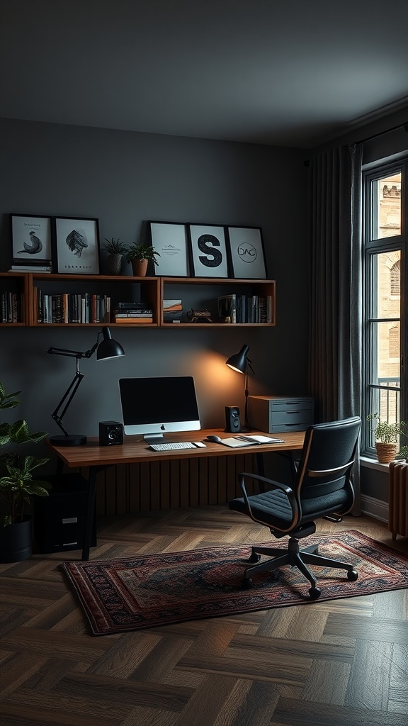 A modern masculine home office featuring a wooden desk, ergonomic chair, and dark aesthetic.