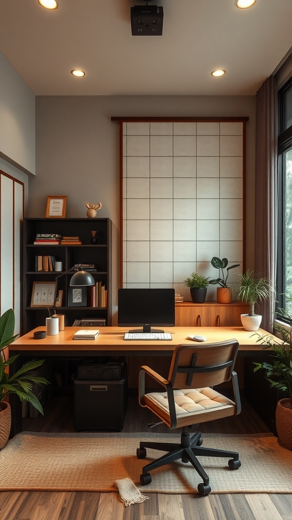 A functional home office with Japandi interiors featuring a wooden desk, comfortable chair, and plants.