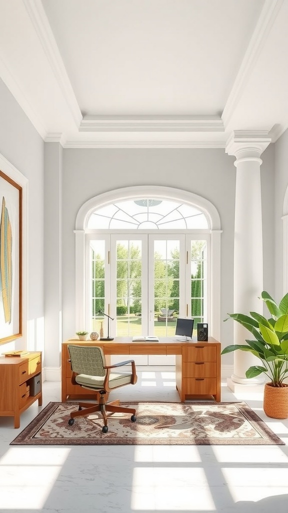 A stylish home office showcasing Greek architectural elements with columns, a statue, and modern furniture.