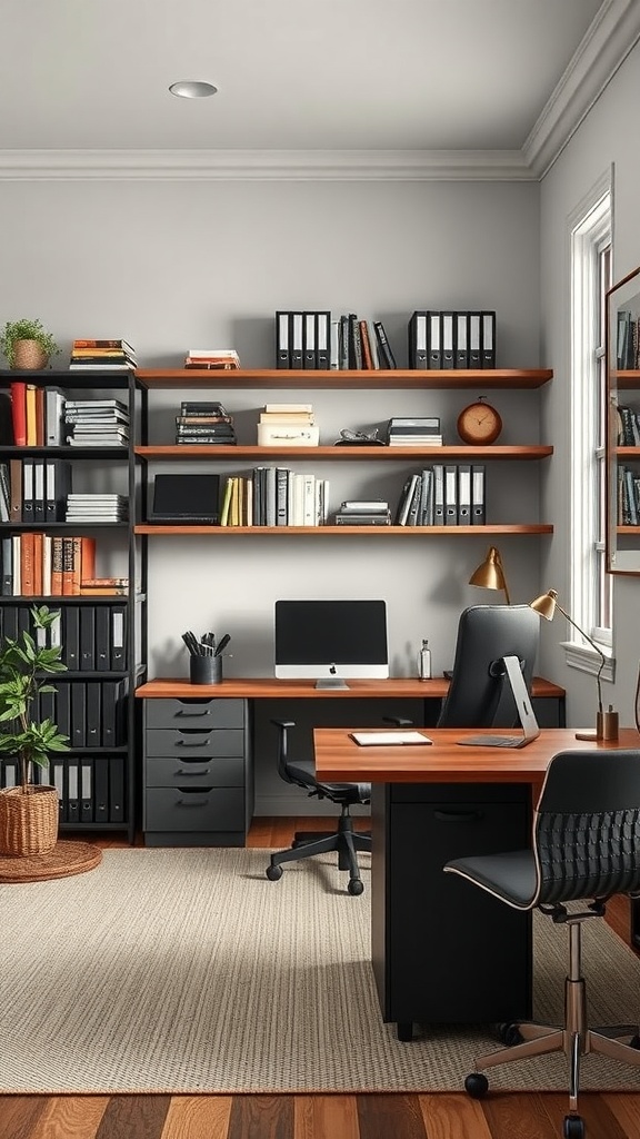 A modern home office featuring a sleek desk, organized shelves, and a plant, showcasing functional storage solutions.