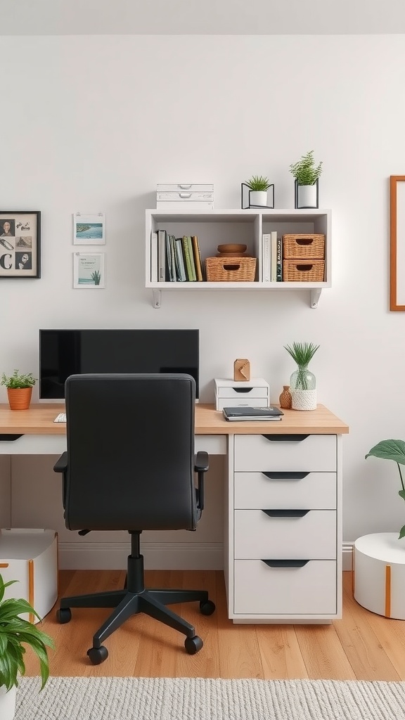 A modern home office setup featuring a desk, computer, storage drawers, and wall shelves with plants and decorative items.