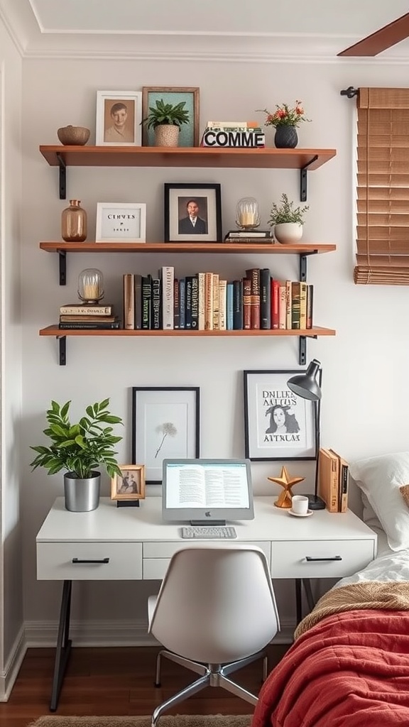 A modern workspace featuring functional wall shelves above a desk, with plants, books, and personal decor.