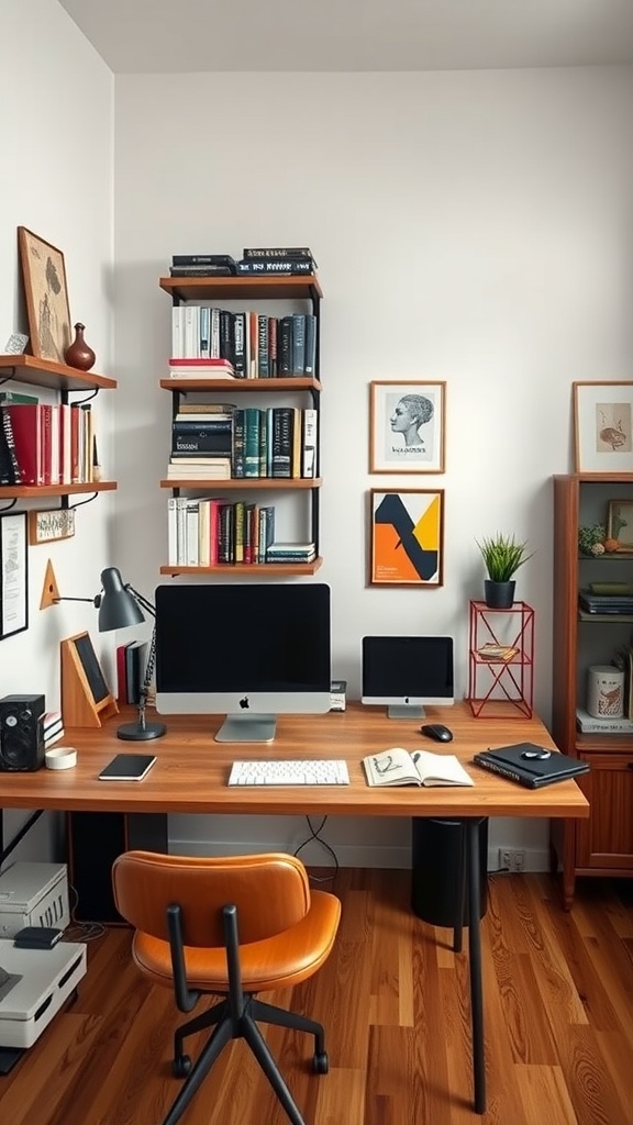 A modern home office featuring functional wall storage with open shelves, a wooden desk, and warm decor.