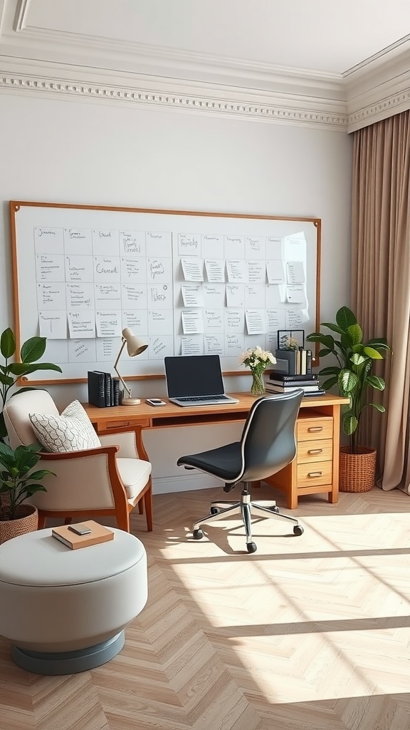 A chic home office with a functional whiteboard wall, wooden desk, and plants