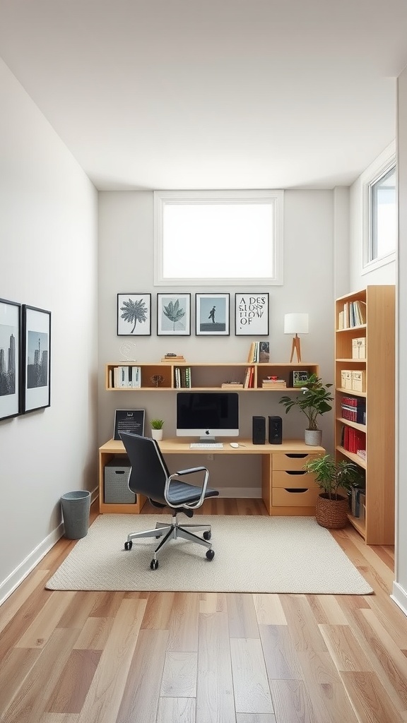A stylish home office with a desk, ergonomic chair, wall-mounted shelves, and decorative elements.