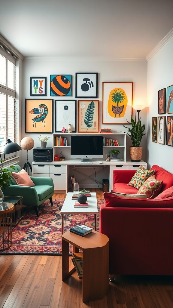 A cozy living room featuring colorful art, red and green furniture, and a warm rug.