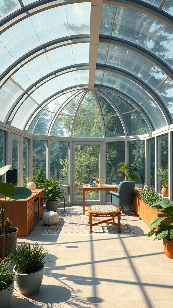 A modern bio-dome sunroom with curved glass walls, plants, and office furniture.