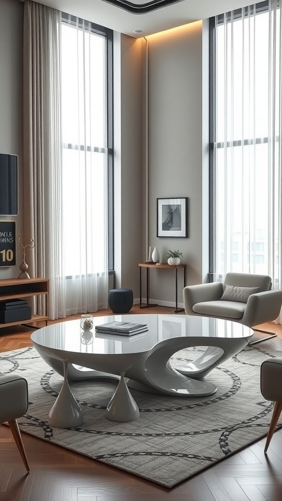 A futuristic coffee table with a unique design in a modern living room setup