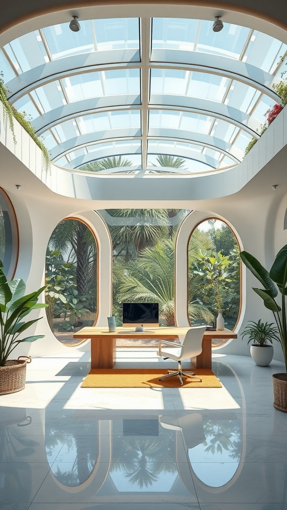 A futuristic open-air workspace featuring a large glass ceiling, modern desk, and lush greenery.