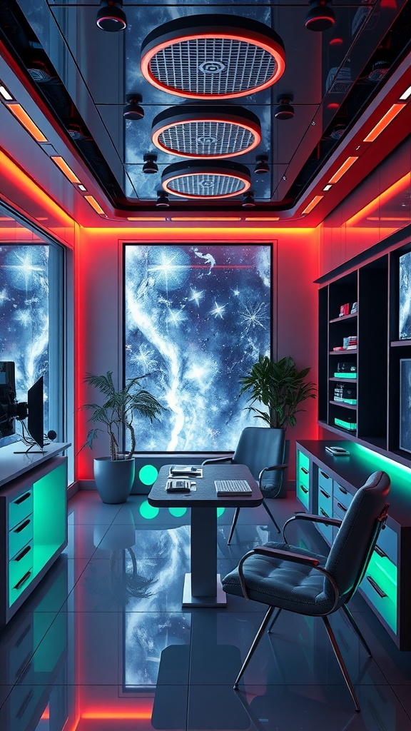 A futuristic tech-inspired home office featuring glowing accents, a cosmic window view, and a sleek desk setup.