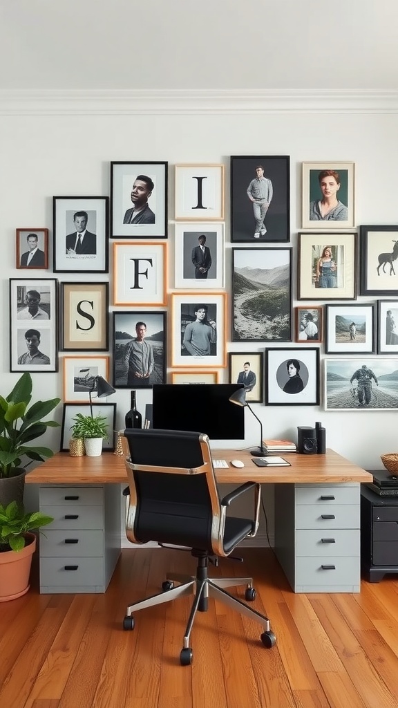 A modern masculine home office featuring a gallery wall with framed photographs above a wooden desk.
