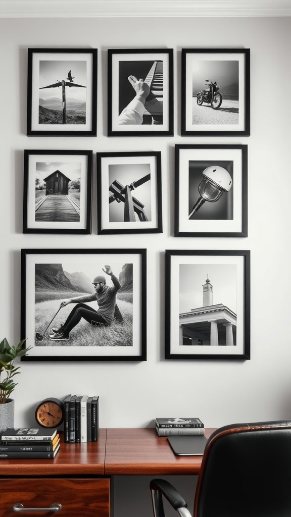 A gallery wall featuring black and white framed photos above a wooden desk with books and a clock.