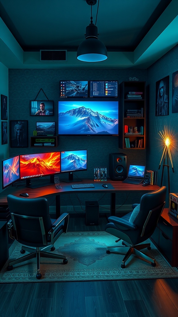 A modern gaming and productivity office setup featuring red and black chairs, dual monitors, and stylish decor.