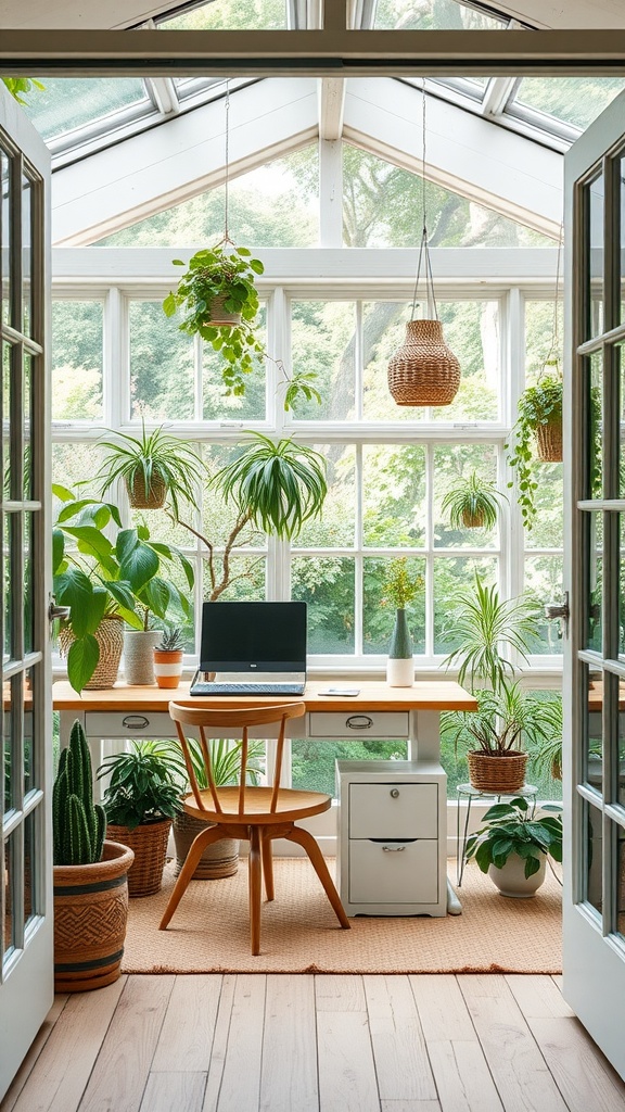 A cozy home office featuring large windows with garden views, surrounded by indoor plants, a light wood desk, and a warm atmosphere.