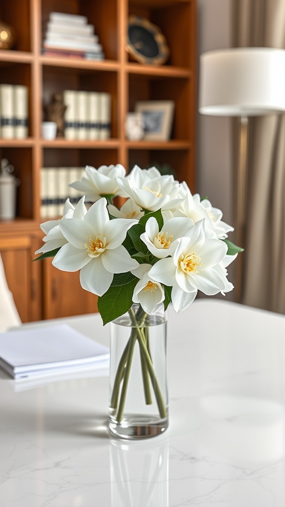A bouquet of white gardenias in a glass vase on a marble desk in a home office setting.