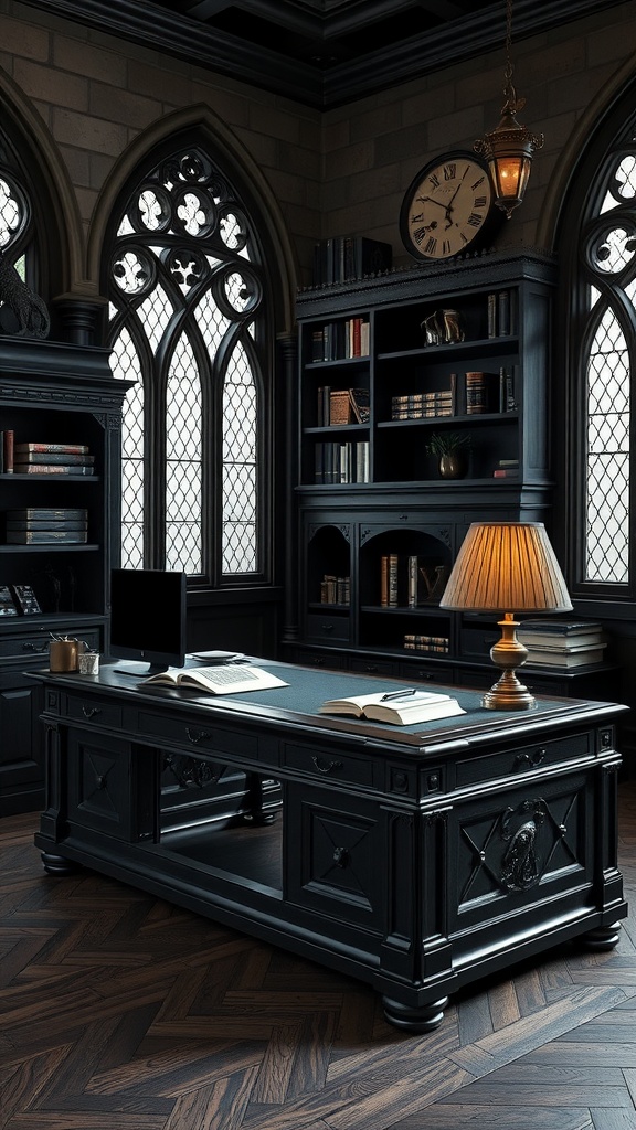 A gothic-inspired home office featuring intricate furniture, gothic windows, and a dark color scheme.