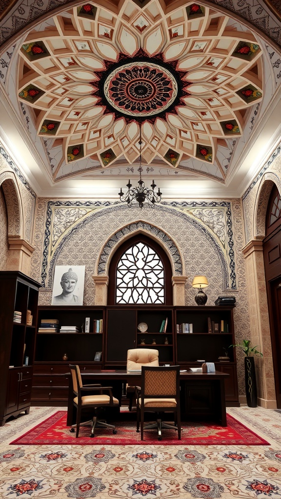 A beautifully designed ceiling with geometric patterns in a home office setting.