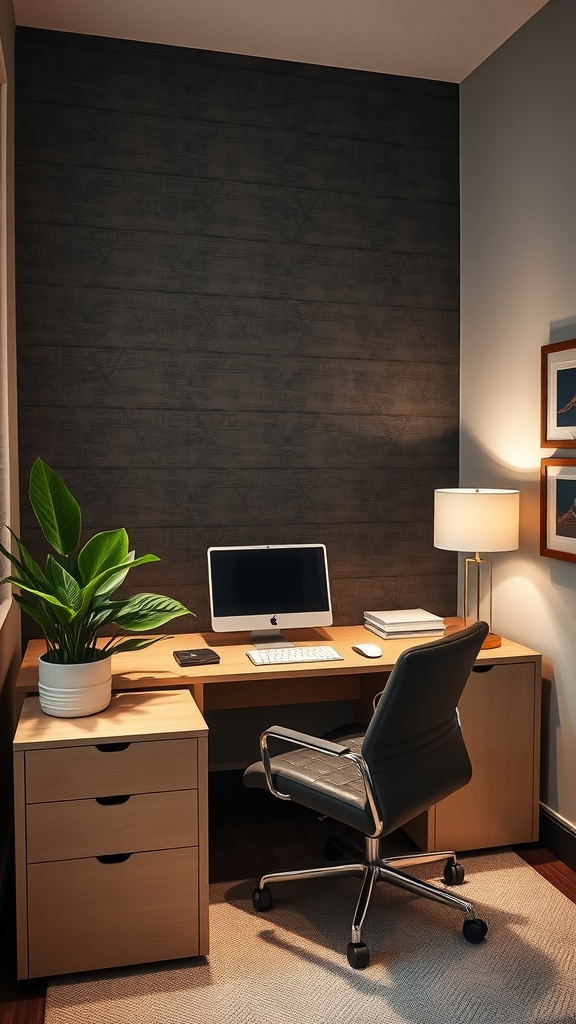 A small office with geometric patterned wall, modern desk, and cozy atmosphere