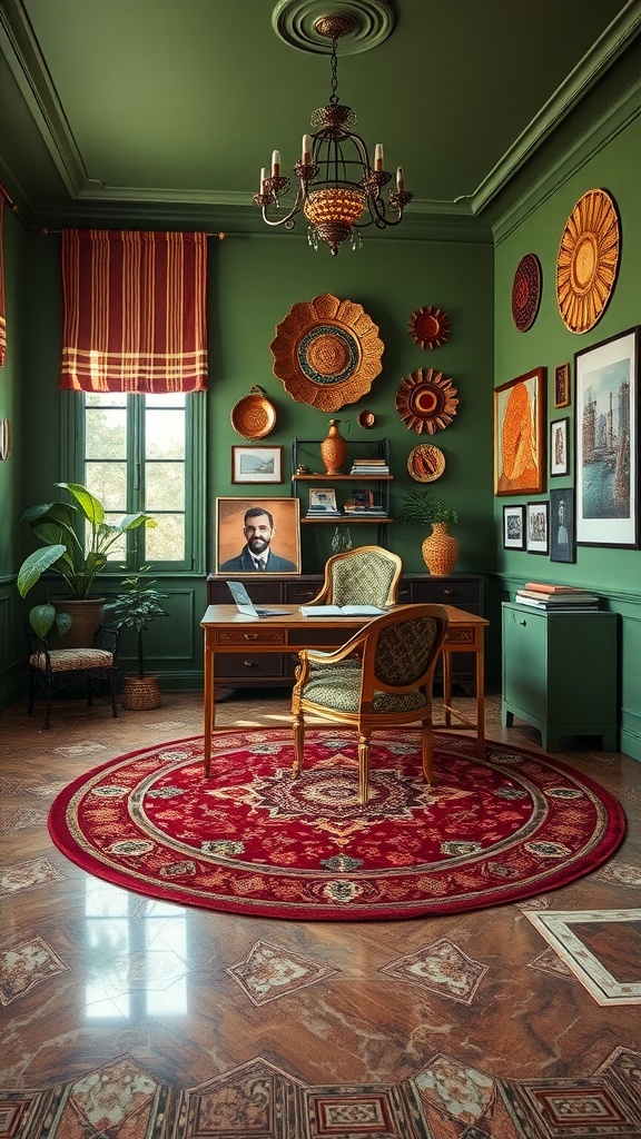 A stylish home office featuring deep olive green walls, geometric patterned decor, and earthy tones.