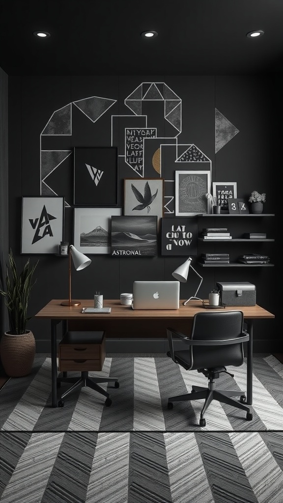 A modern masculine home office featuring geometric patterns, a sleek desk, and dark decor.