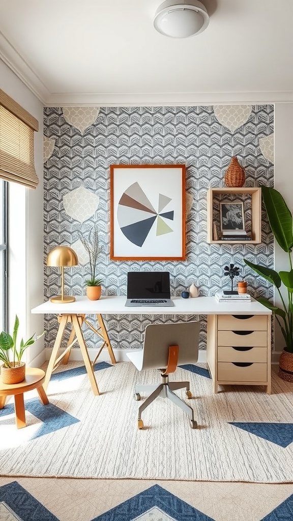 A modern Japandi style home office featuring geometric patterned flooring, sleek wooden furniture, and plants.