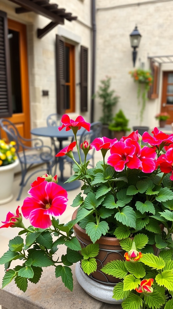Vibrant geraniums in decorative pots brighten up an outdoor space.