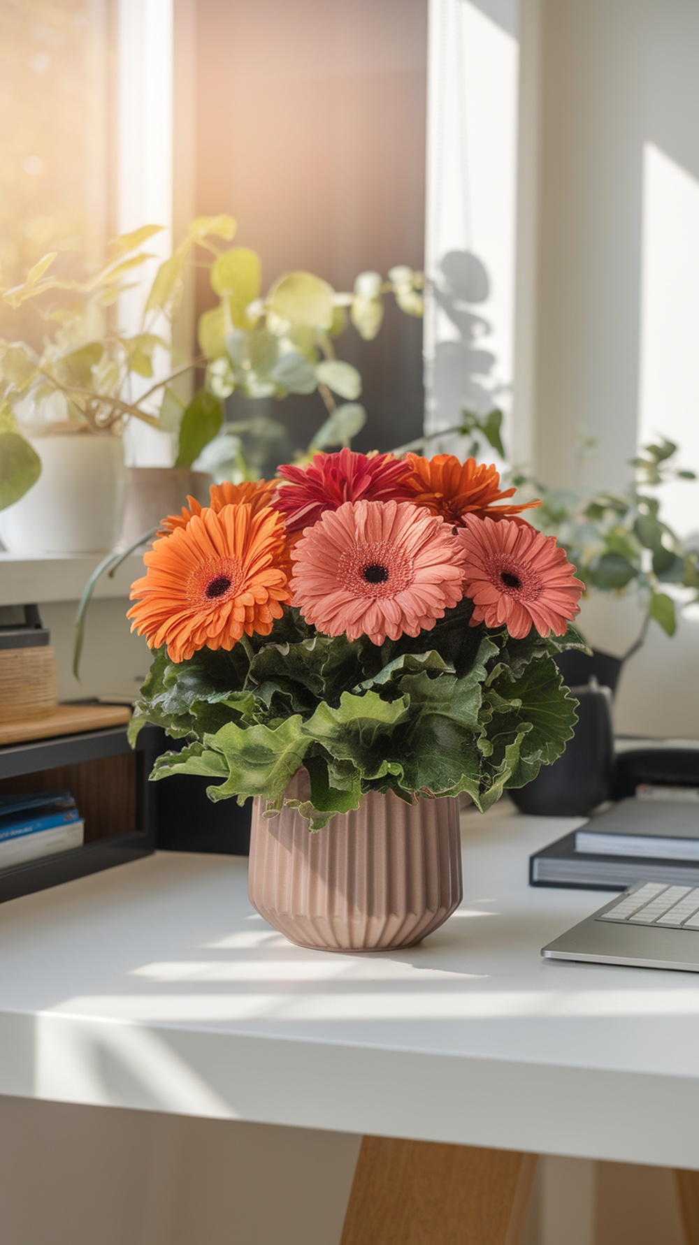 A vibrant arrangement of Gerbera Daisies in shades of orange and pink on a desk, with green plants in the background and a computer nearby.