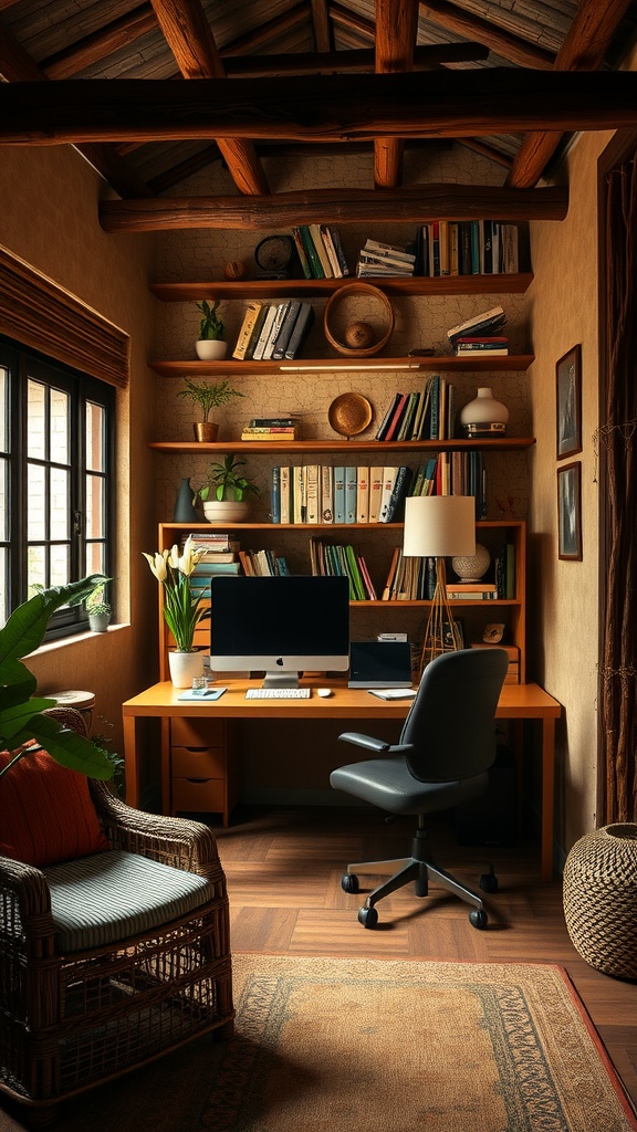 A cozy home office in a Ghanaian earthbag home featuring a wooden desk, bookshelves, and natural decor.