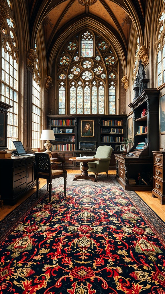A home office featuring a gothic-style rug, surrounded by tall windows with intricate designs and classic furniture.