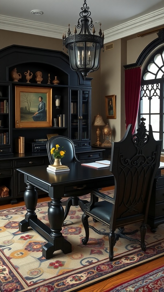 A dark Victorian aesthetic home office featuring gothic furniture, ornate wallpaper, and a gothic rose window.