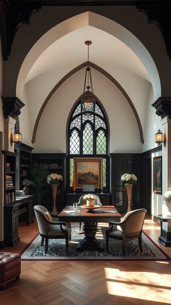 A Gothic Revival style home office featuring vaulted ceilings, a wooden desk, and elegant decor.