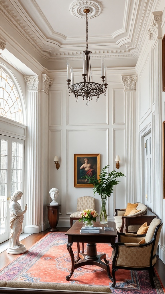 A beautifully designed home office showcasing Greek Revival aesthetics with elegant furniture and classic architectural elements.