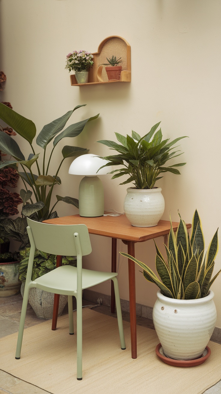 A home office with a coffee station surrounded by various indoor plants.