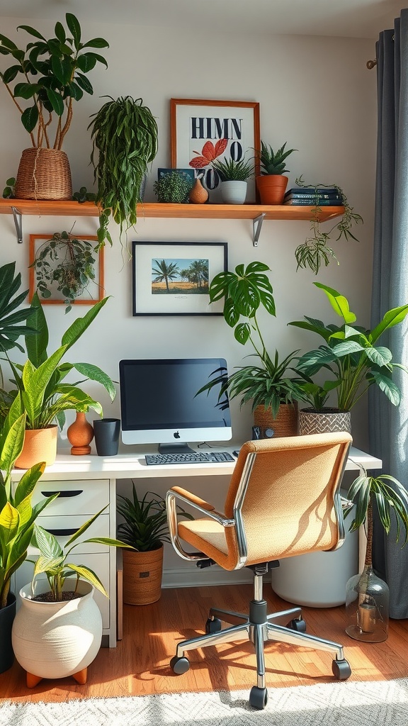A bright home office filled with various indoor plants, showcasing a vibrant spring aesthetic.