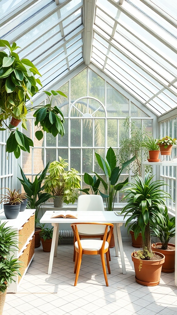 Greenhouse office with a desk, chair, and various plants.