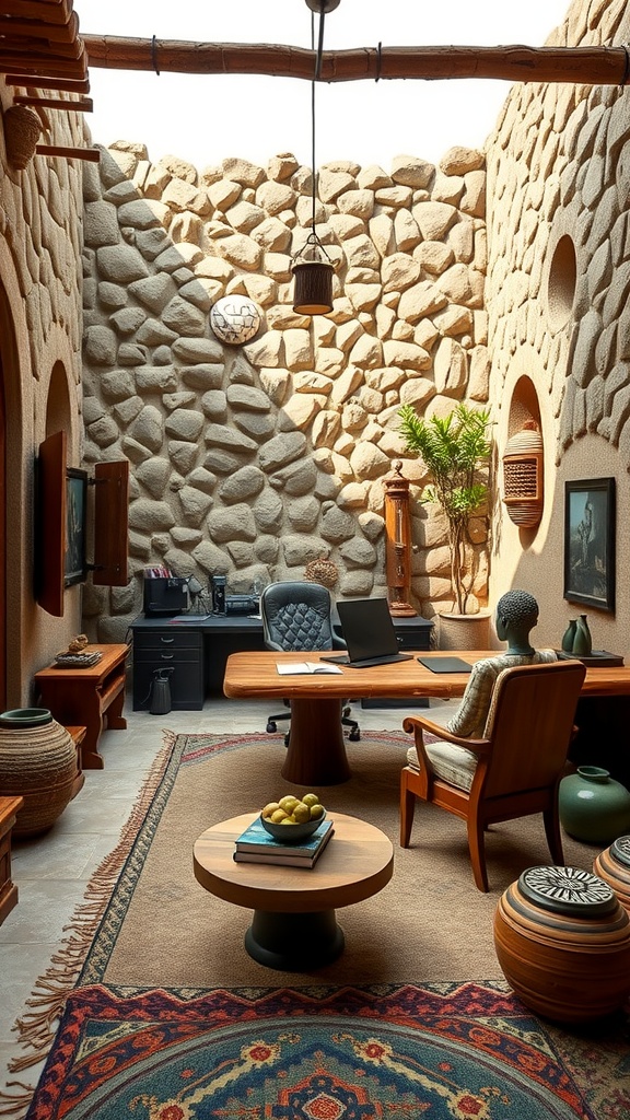 Home office designed in Gurage stone house style, featuring earthy stone walls and wooden furniture.