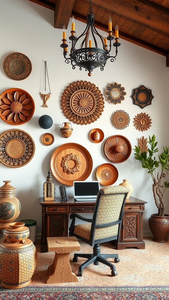 An array of handcrafted decorative elements including pottery and wall art, showcasing Mediterranean design.