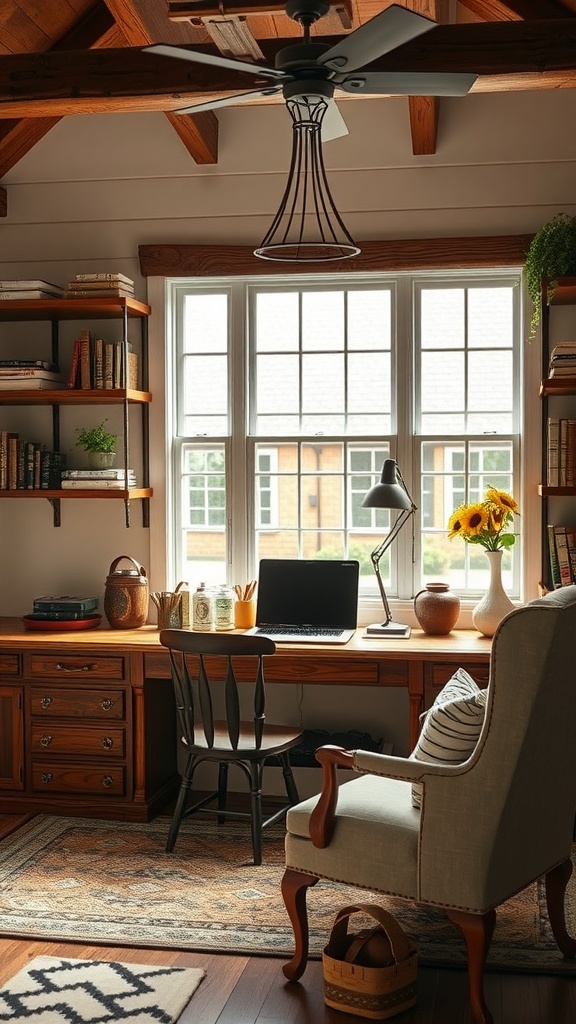 A cozy home office with handcrafted wooden furniture, featuring a desk, chair, and warm decor.