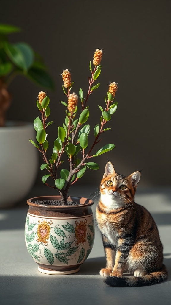 A curious cat sitting beside a potted Haworthia plant.