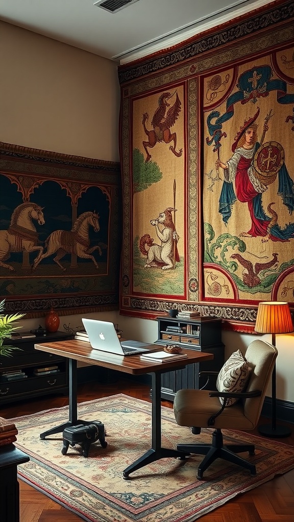 A home office with heavy tapestries, showcasing gothic architecture elements and Victorian gothic aesthetic.