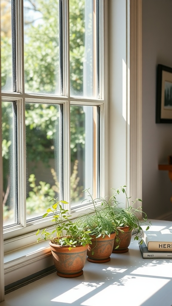 A sunny windowsill with three small pots of herbs and a few books beside them, showcasing a cozy home office atmosphere.