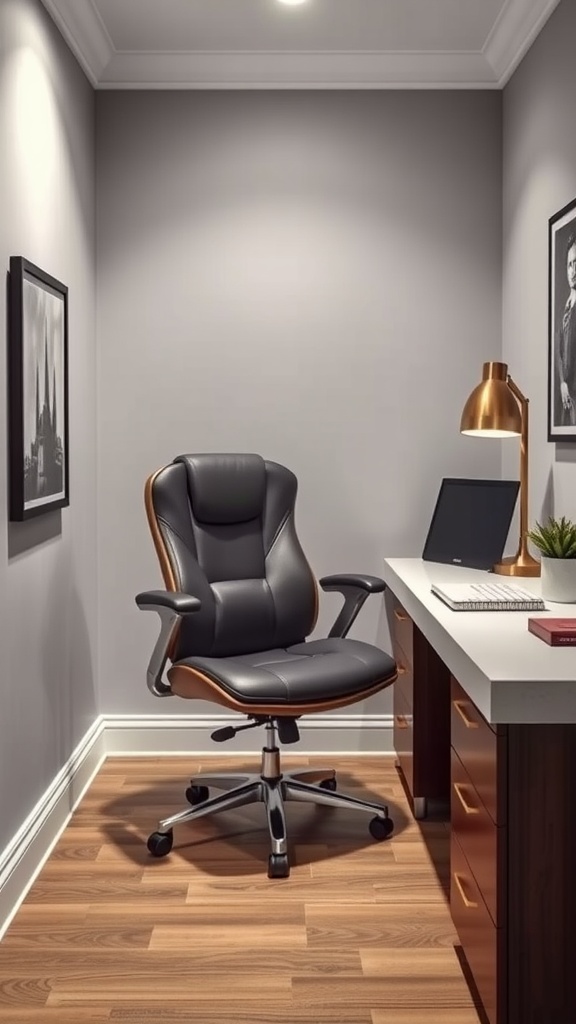 Stylish black ergonomic office chair in a small home office