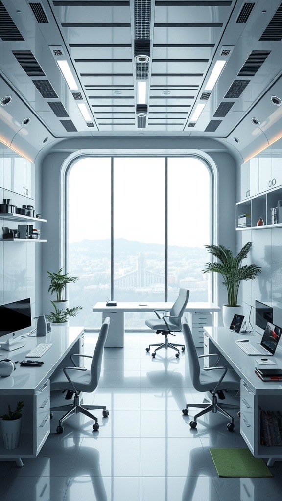 A modern high-tech home office with sleek design and large windows.