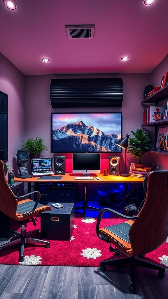 A high-tech modern home office featuring dual monitors, a large TV wall design, and stylish ergonomic furniture.