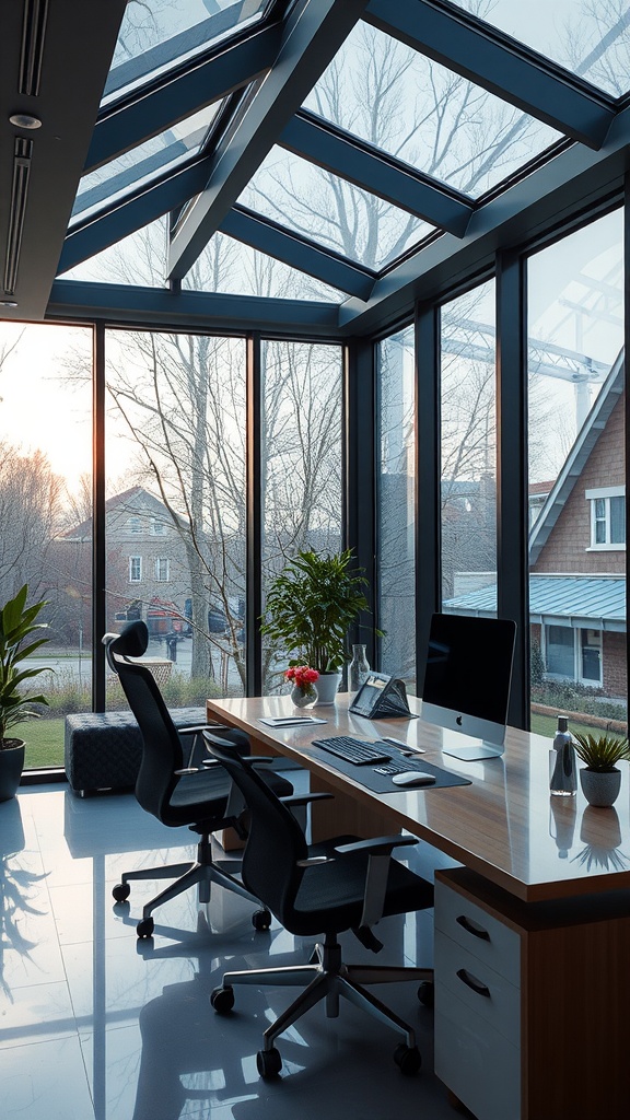 A modern high-tech sunroom designed as an office with large glass windows, a contemporary desk, and cozy seating.