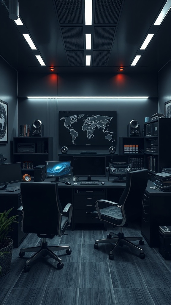 High-tech masculine home office with dual monitors, modern decor, and a world map