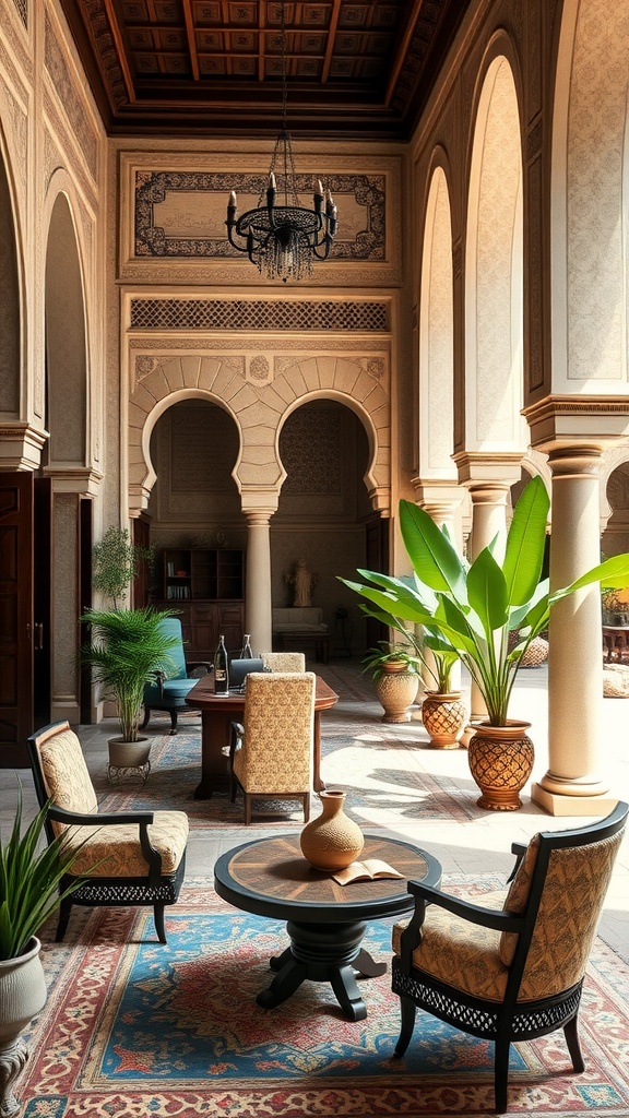 An elegant room showcasing Andalusian architecture features with arches, a chandelier, and greenery, suitable for a home office.